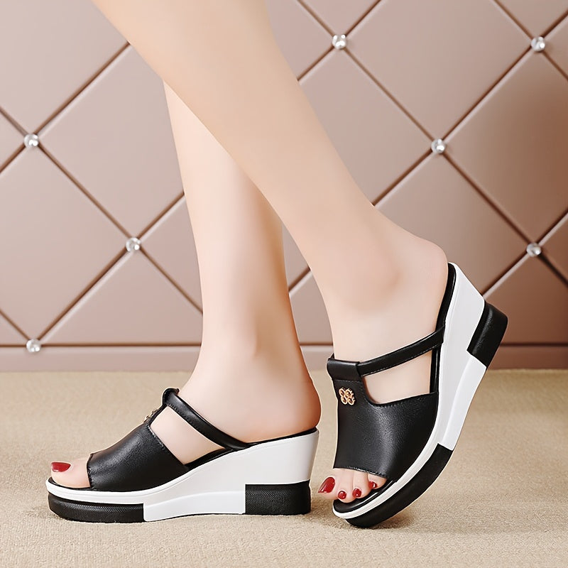 Women's Contrast Color Wedge Sandals with Cut-out Peep Toe and Slip On Platform for Casual Summer.