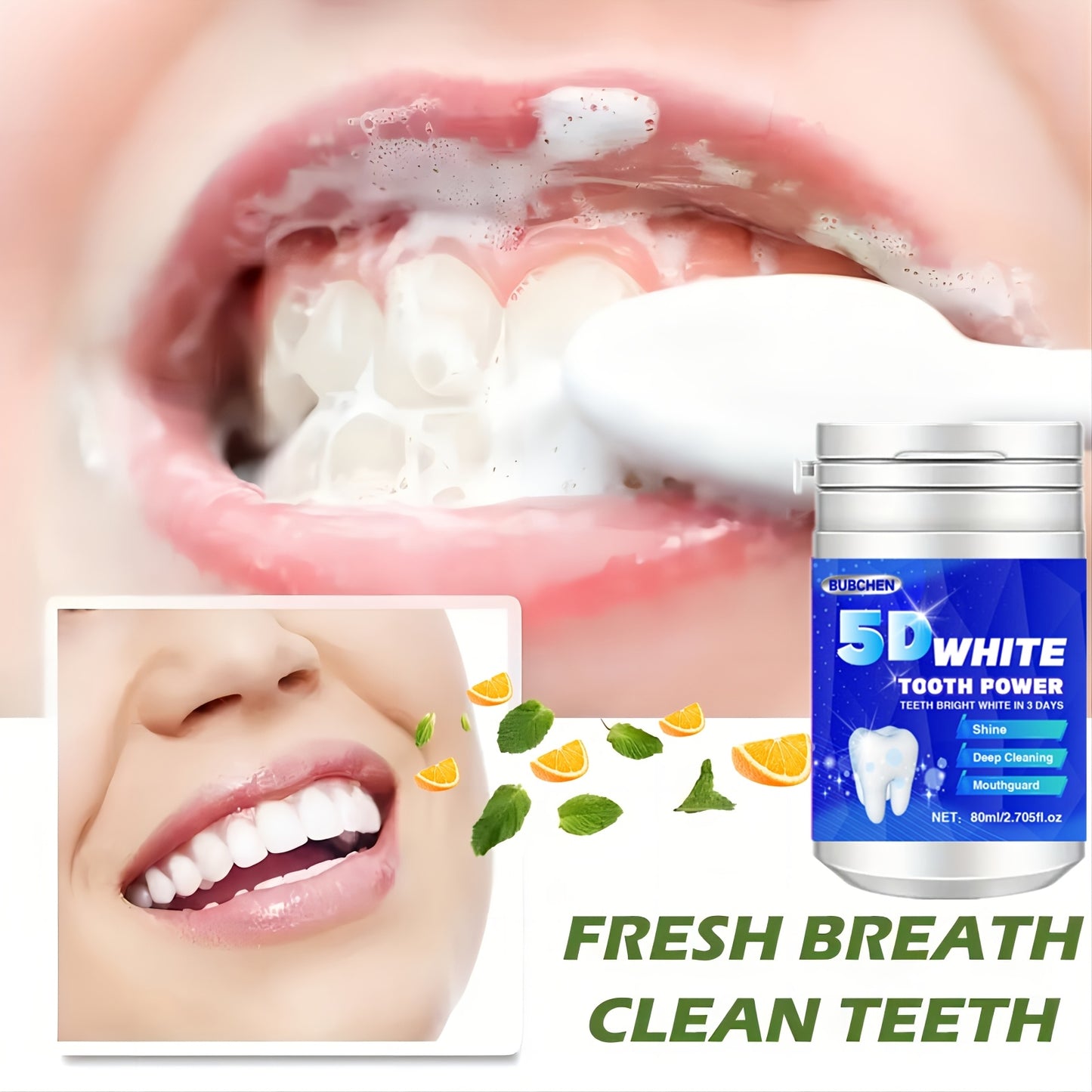 1 bottle of Bubchen 5D White Toothpowder - 80ml, with Pearl Powder for deep cleaning and brightening dental care, ideal for women.