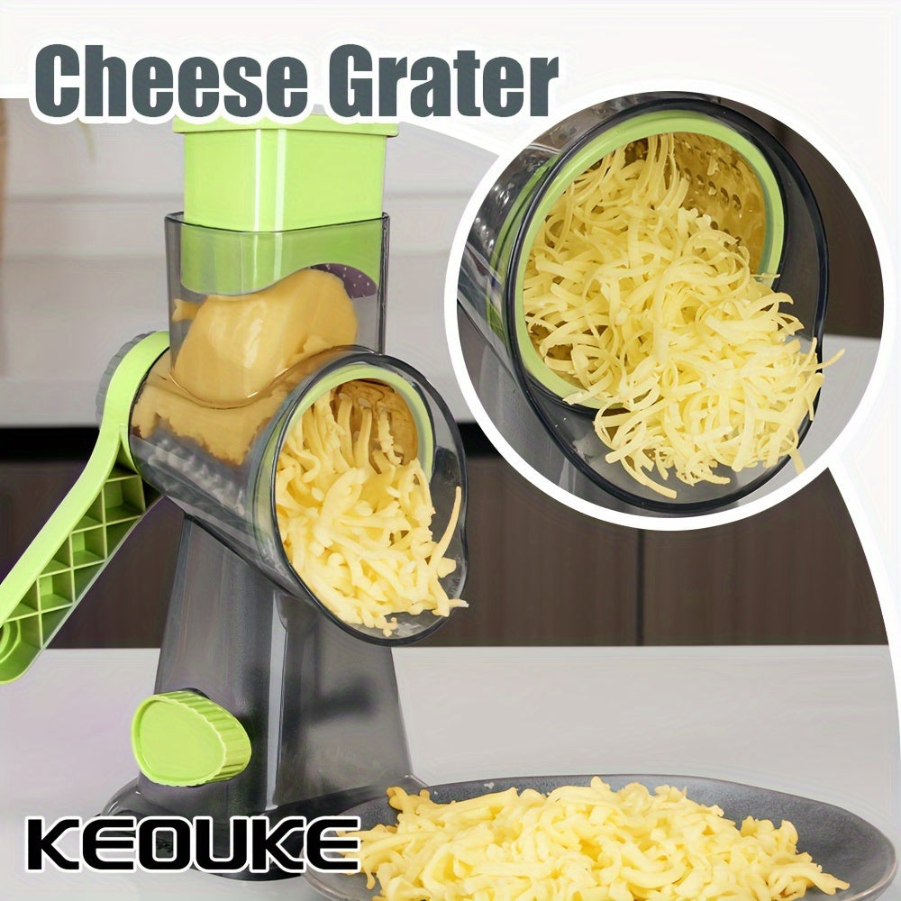 "KEOUKE Versatile Cheese Grater & Vegetable Slicer - Handheld with Stainless Steel Blades, Ideal for Potatoes & More - Sleek Transparent Design