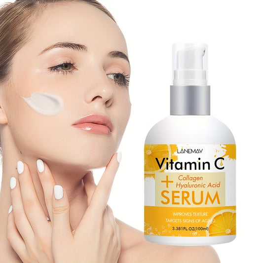 Lanemay Vitamin C & Collagen Serum: Hydrating, Brightening, and Hypoallergenic, suitable for all skin types. Contains Hyaluronic Acid & Glycerin in a 3.4 fl. oz. bottle.