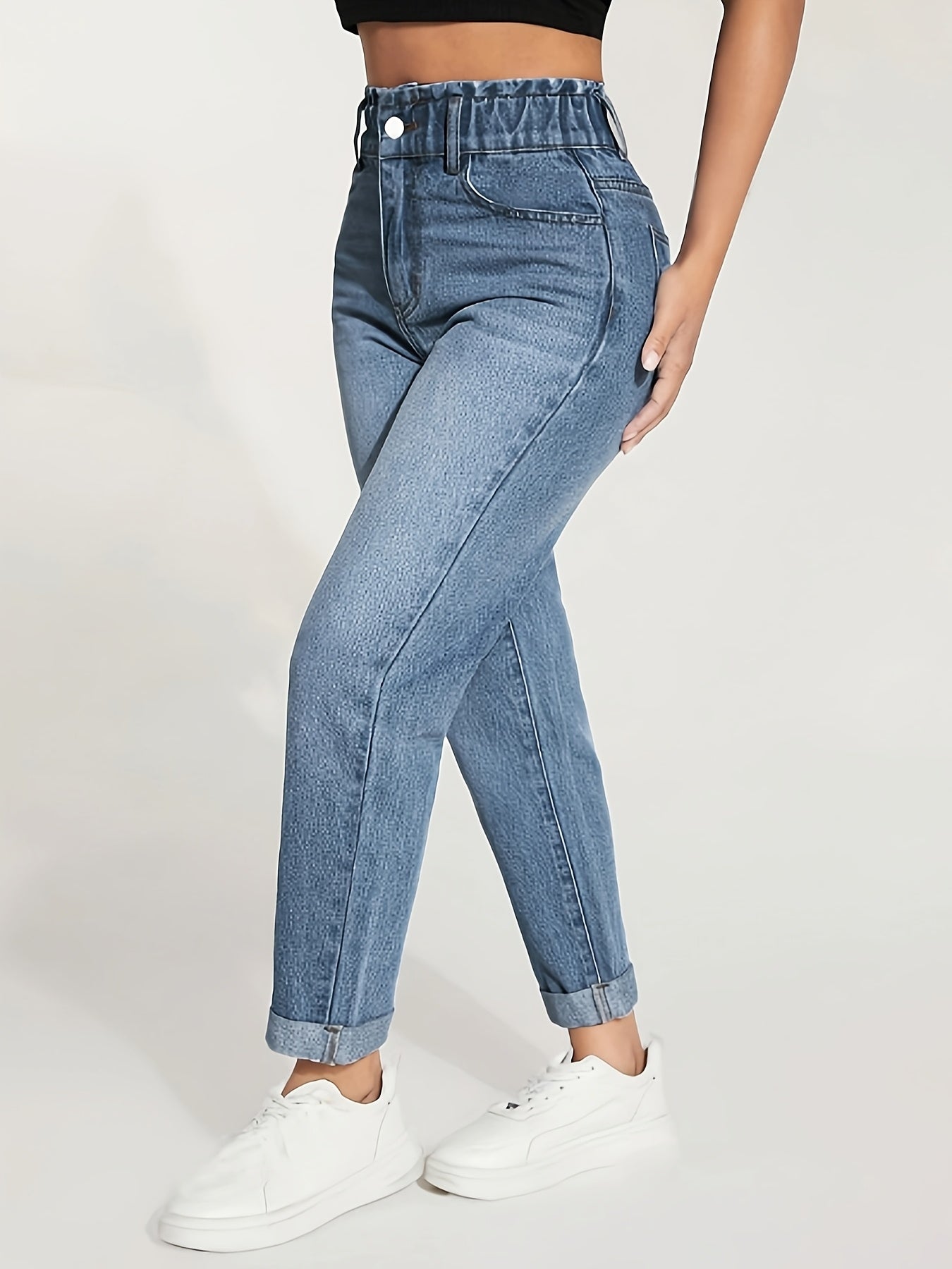 Womens straight-leg jeans with elastic waist and rolled hem, machine washable