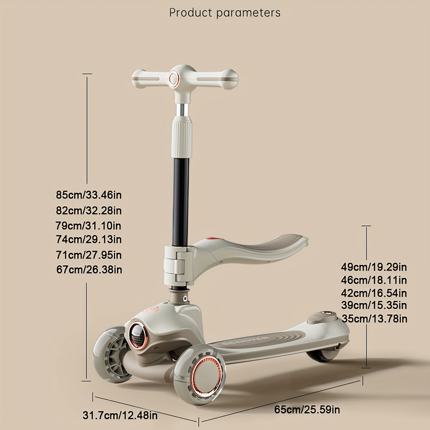 Children's 2-in-1 scooter and bike with adjustable handlebar, LED wheels, music, and foldable design for ages 3-8, offered in various colors.