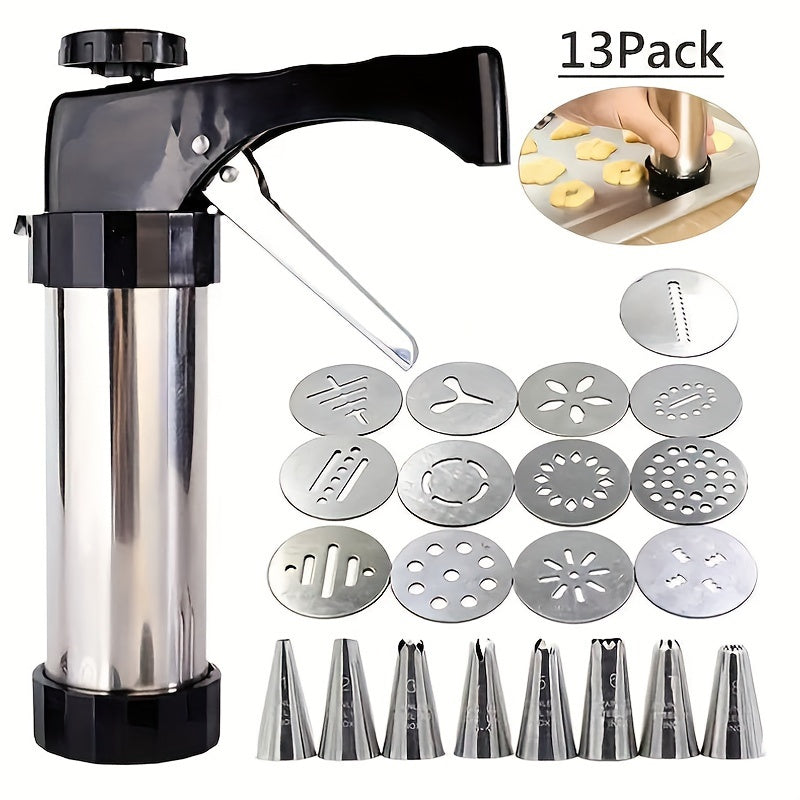 22-piece stainless steel cookie press kit includes 13 disc shapes and 8 icing tips for manual biscuit making and decorating. This non-electric dough extruder and cake decorator is perfect for home baking tools.