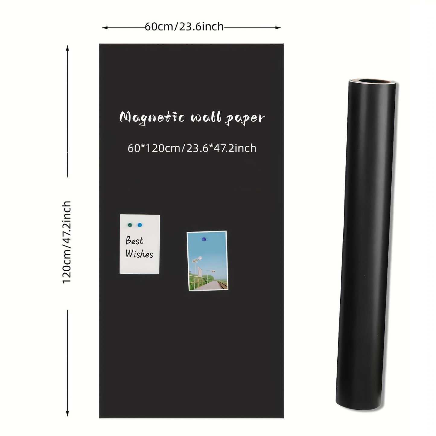 Erasable magnetic blackboard film for smooth surfaces in office and home settings. Includes eraser and 4 magnets.