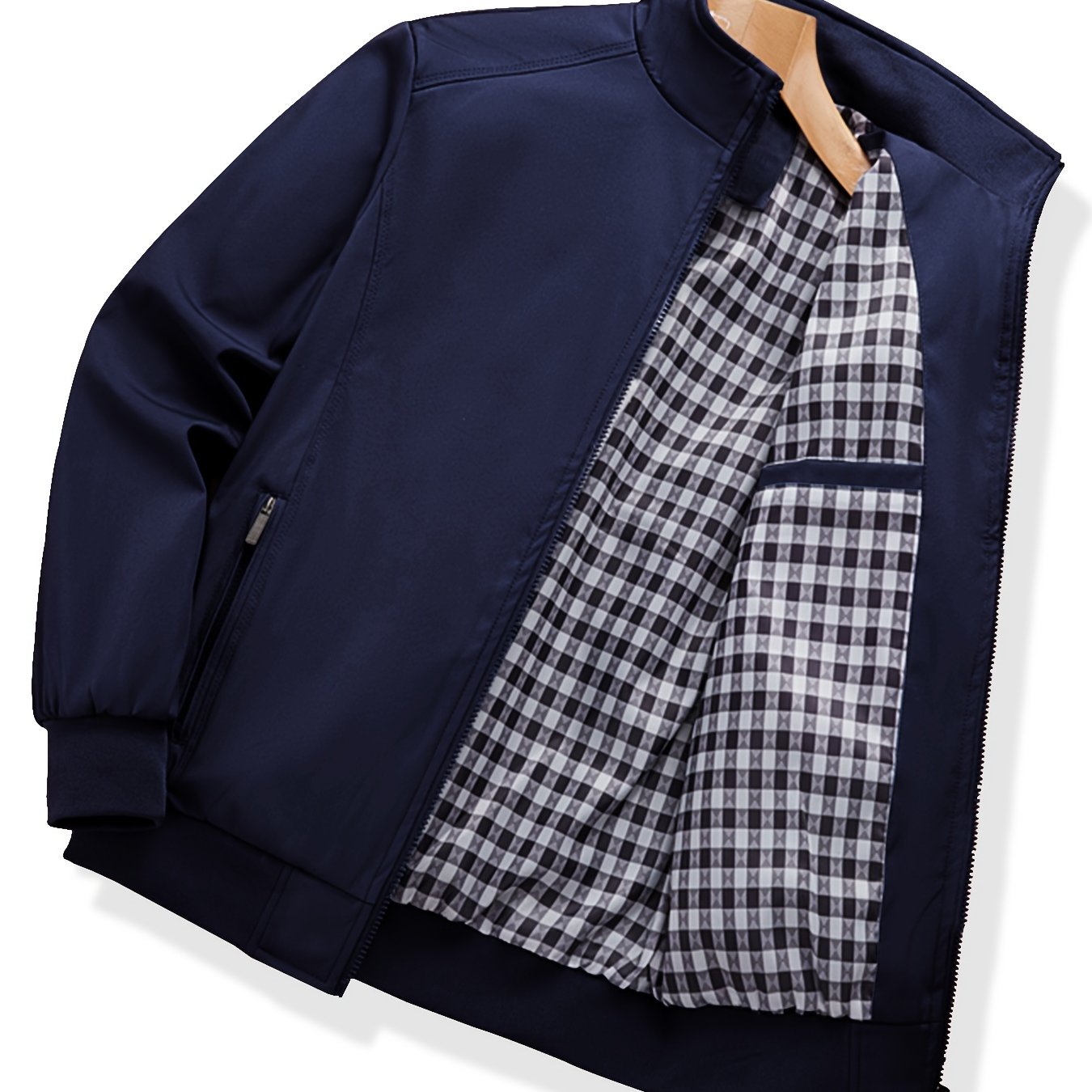 Men's Lightweight Windbreaker Jacket in Solid Gray with Checkered Detail Pocket - Casual Zip-Up with Stand Collar, made of Polyester - Ideal for Spring & Fall