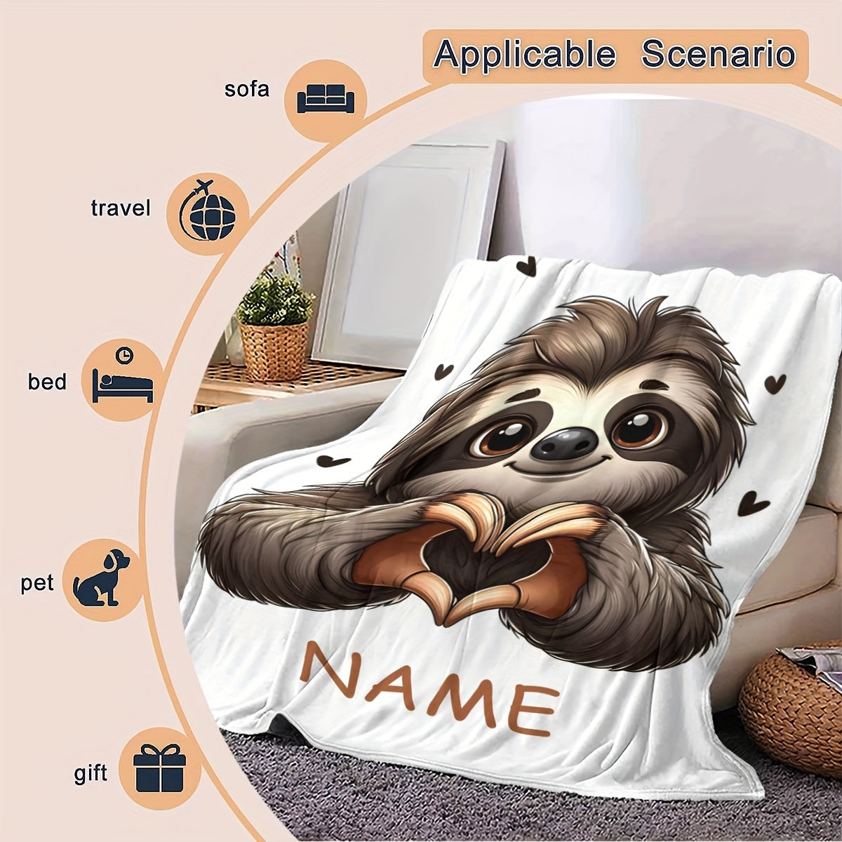 Personalized Sloth Heart Gesture Flannel Fleece Throw Blanket – Customizable Design for Home, Office, and Sofa – Skin-Friendly and Cozy Fabric – Quilted Blanket Suitable for All Seasons