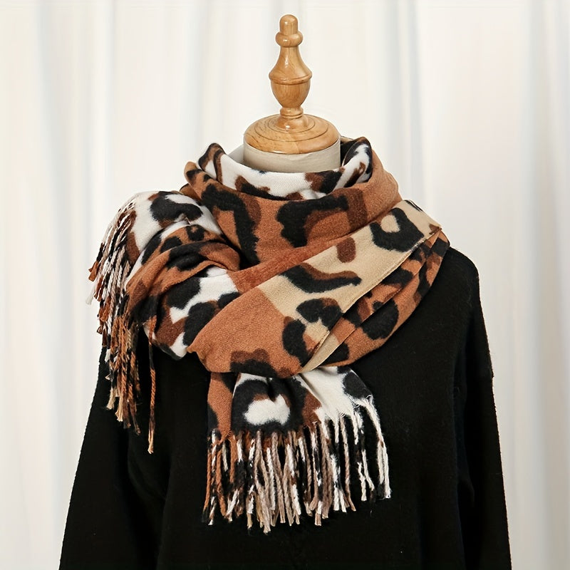 Fashionable Color Block Leopard Print Scarf for Men, a Stylish and Warm Shawl Neck Wrap, Made from Woven Polyester Fabric, a Unique and Versatile Novelty Accessory