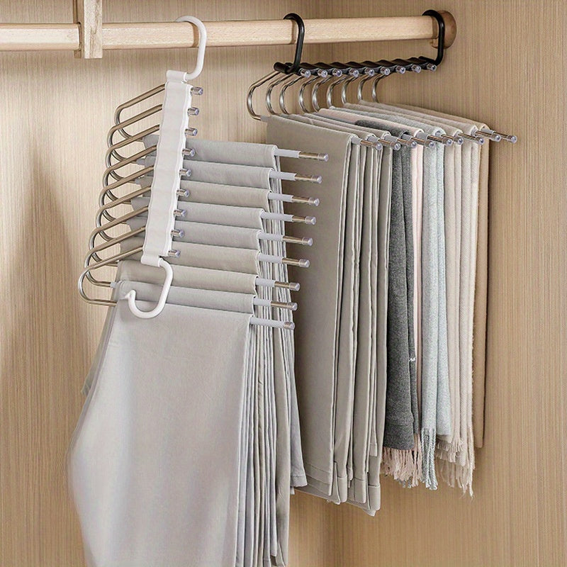 This multi-functional trouser hanger is made of stainless steel and can fold for convenient storage. It features multiple layers for organizing trousers and is a seamless addition to any wardrobe for efficient storage.