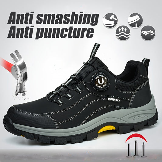 Men's safety shoes with steel toe cap, puncture-resistant work boots for outdoor and industrial use, with non-slip rubber sole. Made with microfiber upper and fabric insole.