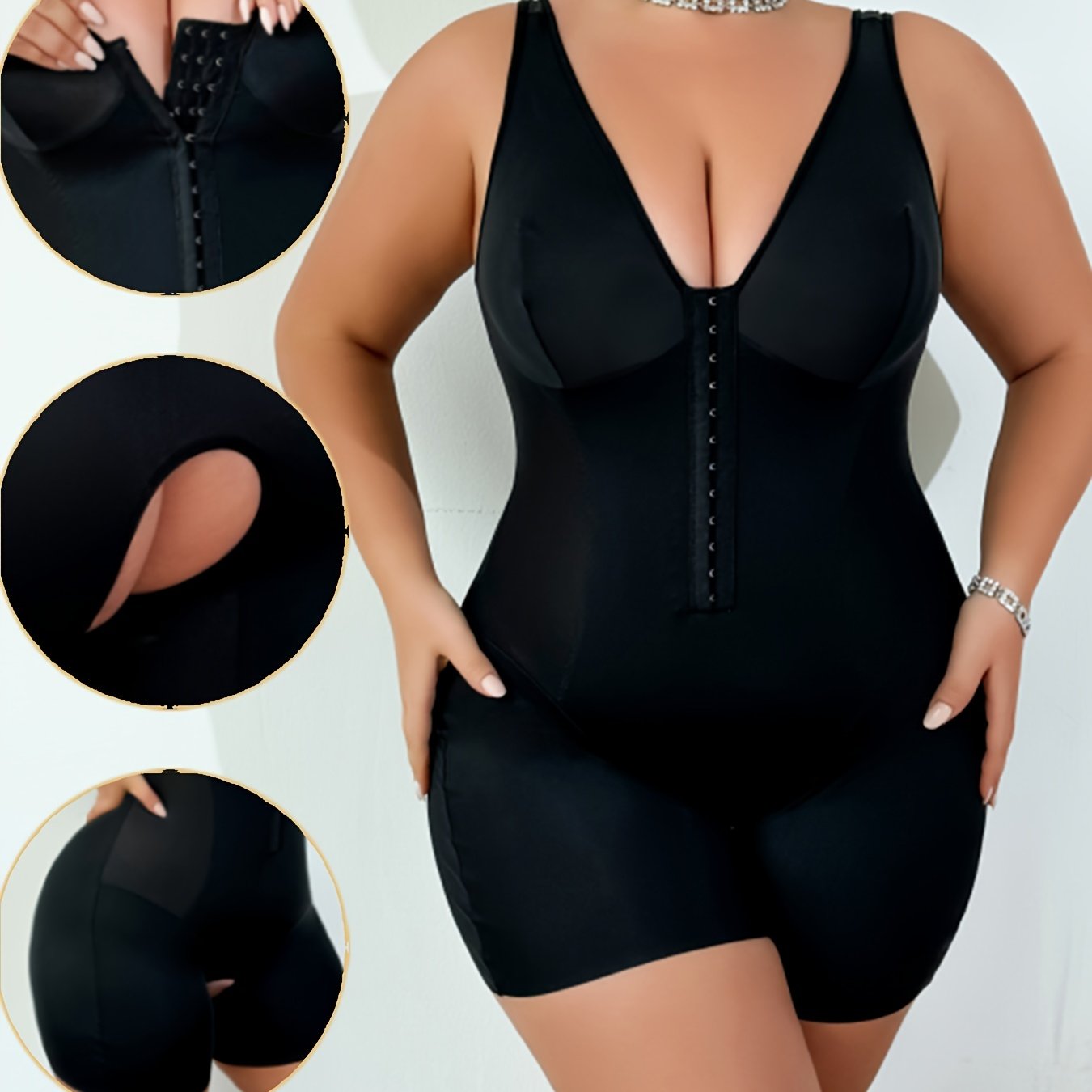 Sleeveless plus size bodysuit with front closure and open crotch.