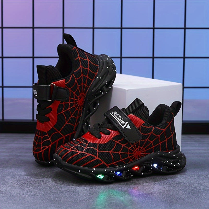 MGO Kids LED sneakers with spider web design, mesh upper and PVC sole, suitable for ages 1-6 for all-season wear.