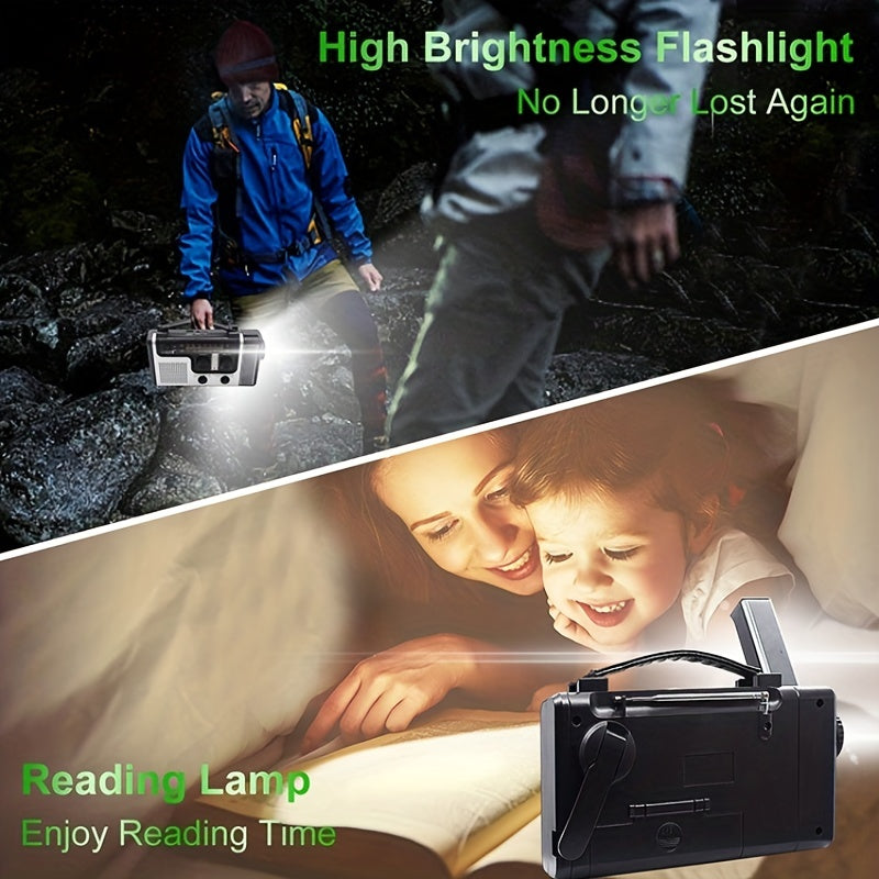 Hand crank emergency radio with AM/FM/SW bands, flashlight, siren, reading light, and mobile phone charger.