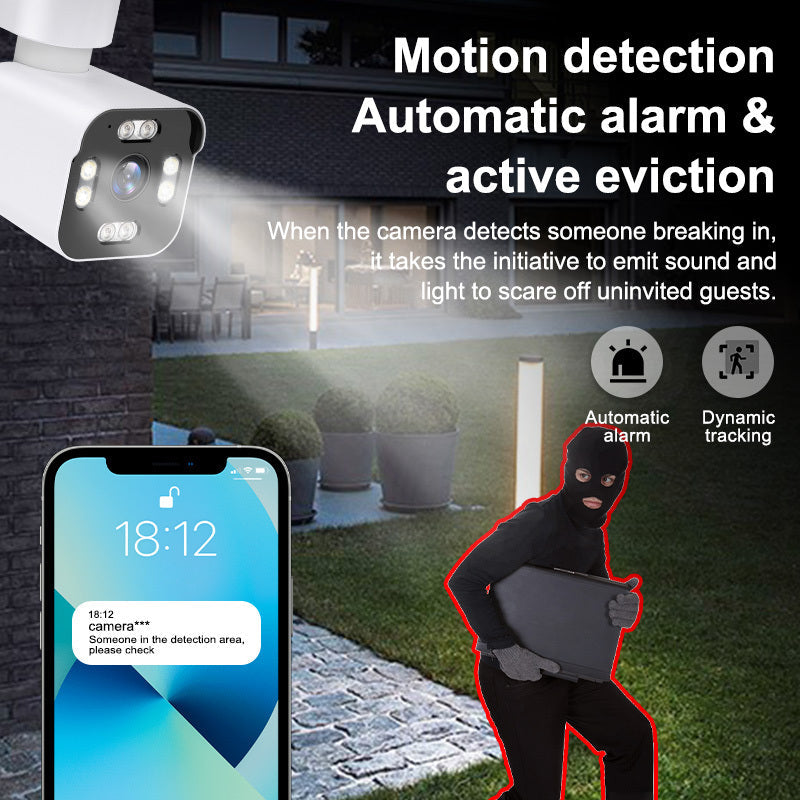 Advanced wireless security camera with intelligent features for night vision, including infrared and white LED lights. Equipped with full-color and infrared night vision capabilities, two-way voice communication, 365-degree horizontal PTZ, humanoid