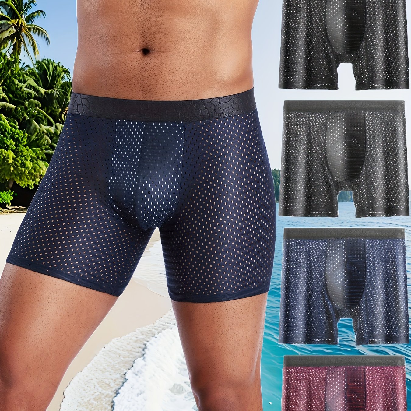 4 pairs of men's underwear with extended trouser legs, mesh holes, flat corners, and breathable fabric.