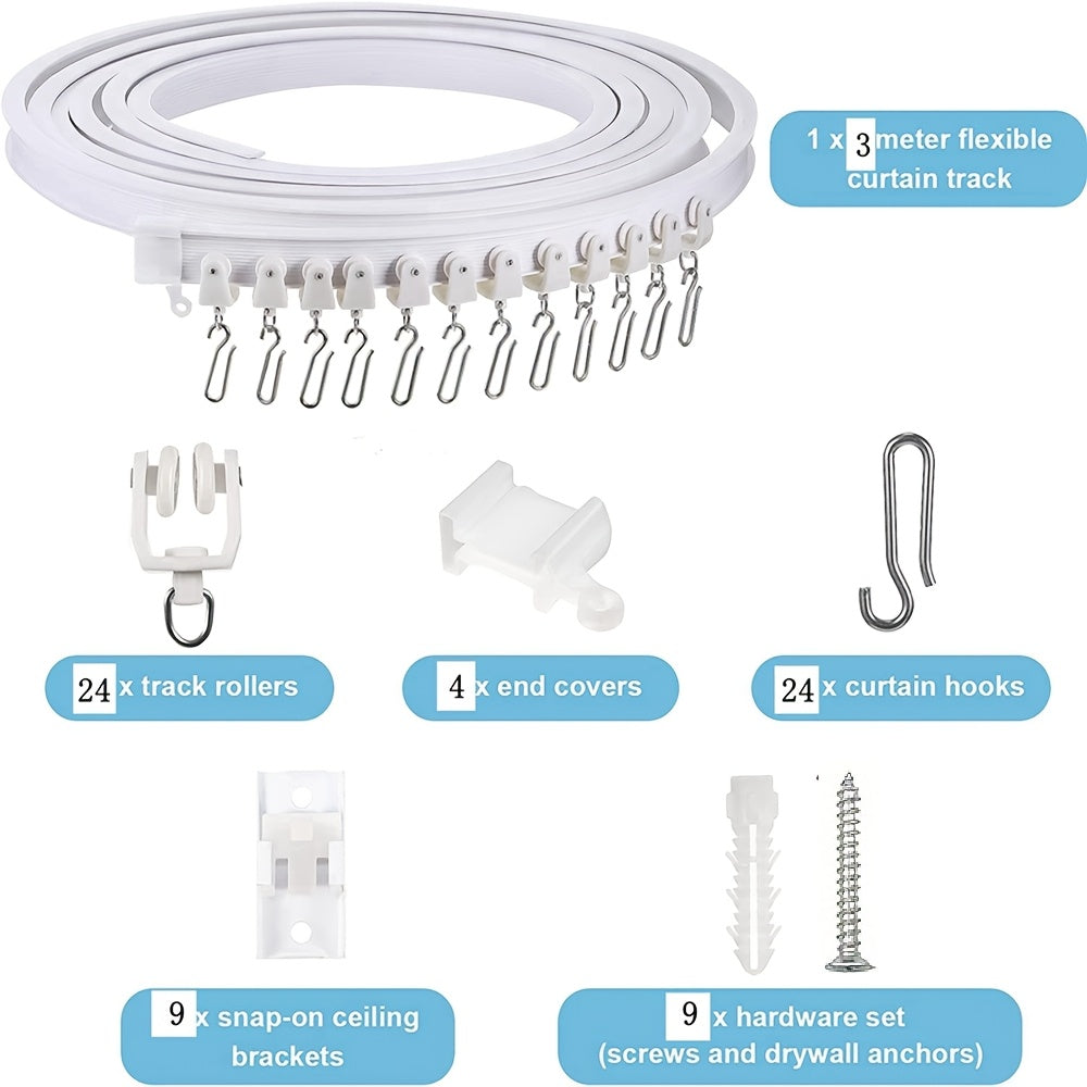 Bendable Rail Curtain Track Kit with Metal Hooks, White Plastic Window Divider for Bedroom - Available in Various Lengths (1m, 2m, 3m, 4m, 5m, 6m, 7m, 8m)