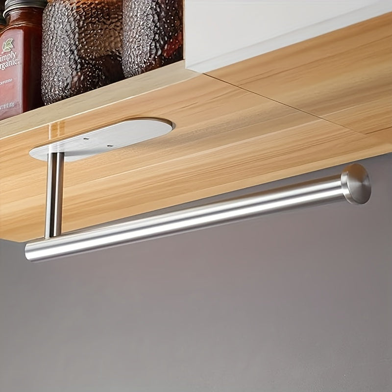 Paper Towel Holder for Under Cabinet Mounting, Versatile Silvery Design with Optional Drilled or Self-Adhesive Installation, Stainless Steel Holder for Paper Towel Rolls, Ideal for Kitchen, Pantry, or Bathroom Organizing