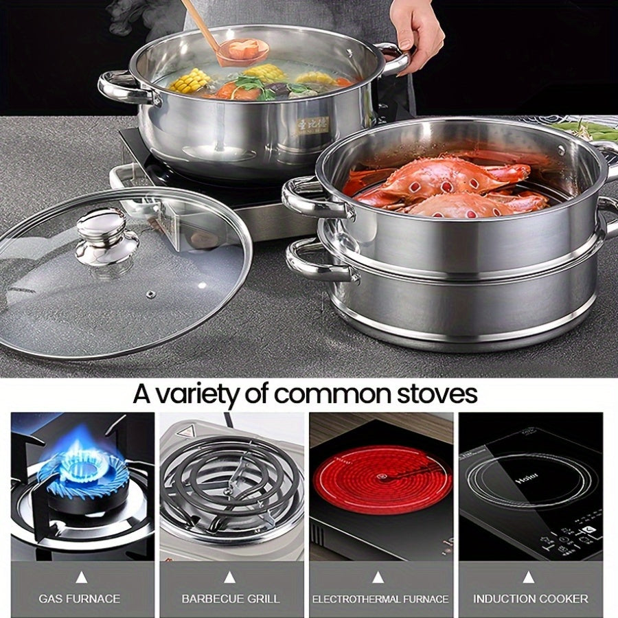 Stainless Steel Steamer Set with 4 Pieces: Quick Cooking Pot, Large Capacity Stackable Steamer with 1 Thick Soup Pot, 2 Tier Steaming Baskets, and 1 Lid. One Pot for Steaming and Cooking, Anti-Scald Handles, Easy to Clean, Suitable for All Stove Types.