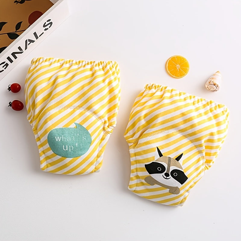 Yellow Striped Raccoon Printed Baby Cloth Diaper Cover - Waterproof, Washable, Reusable Training Pants with Snaps. Korean Style Soft, Breathable Muslin Nappy Wrap