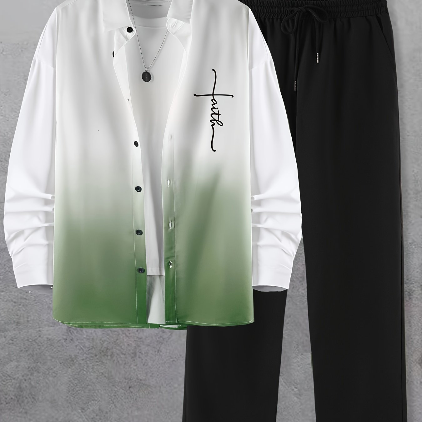 Men's Fashion Set with Gradient Print Collar Shirt and Pants