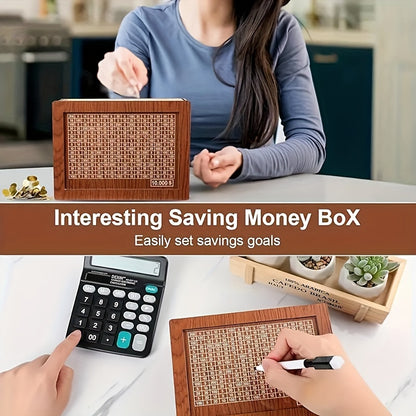 Wooden penny bank with wipeable counter adds charm to home decor and serves as a savings box for youngsters.