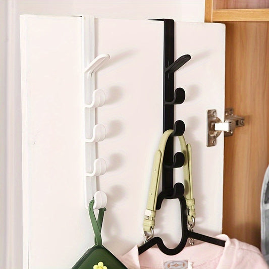 Simple, no-drill over-the-door hook for clothes and hats, with strong adhesive and space-saving design.