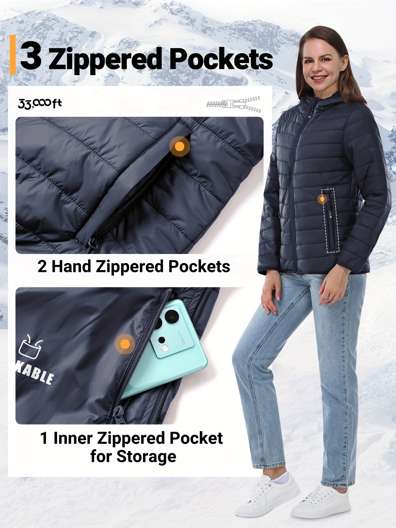 Women's packable quilted puffer jacket with hood, teal blue, waterproof & insulated, machine washable, perfect for outdoor activities.