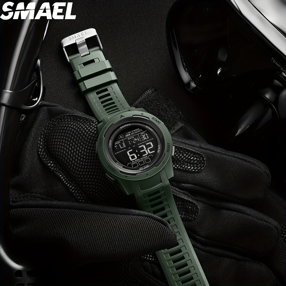 SMAEL Men's Waterproof Sports Watch with LED Display, TPU Strap, Stopwatch, Calendar, Weekly View, Shock Resistance, and Classic Movement Style