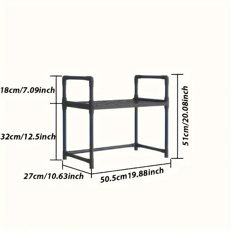 Double-layer kitchen storage rack with 4 hooks and adjustable plastic microwave rack. Convenient open storage suitable for countertops and cabinets, no assembly needed. Perfect for organizing kitchen utensils.