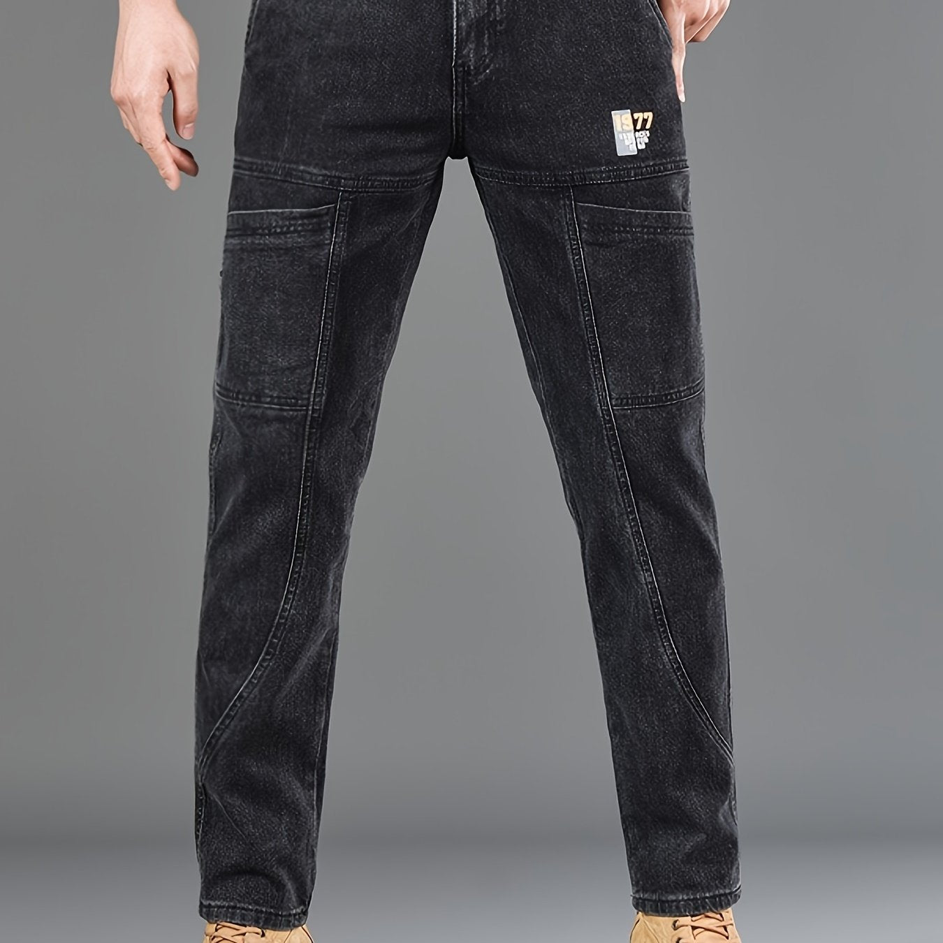 Men's fashion denim jeans made of 70% cotton, 28% polyester, and 1.3% elastane. Features a regular fit, mid waist, zipper fly, and all-season wear. Constructed with 300g/m² woven fabric