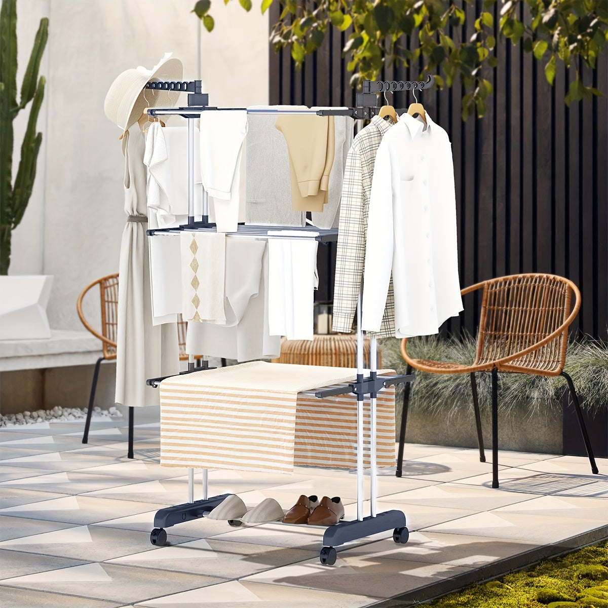 A versatile drying solution featuring a three-tiered drying rack, adjustable rolling laundry rack with a foldable drying rod, and a large clothes dryer on wheels. Perfect for indoor and outdoor use, these drying racks make the perfect back-to-school