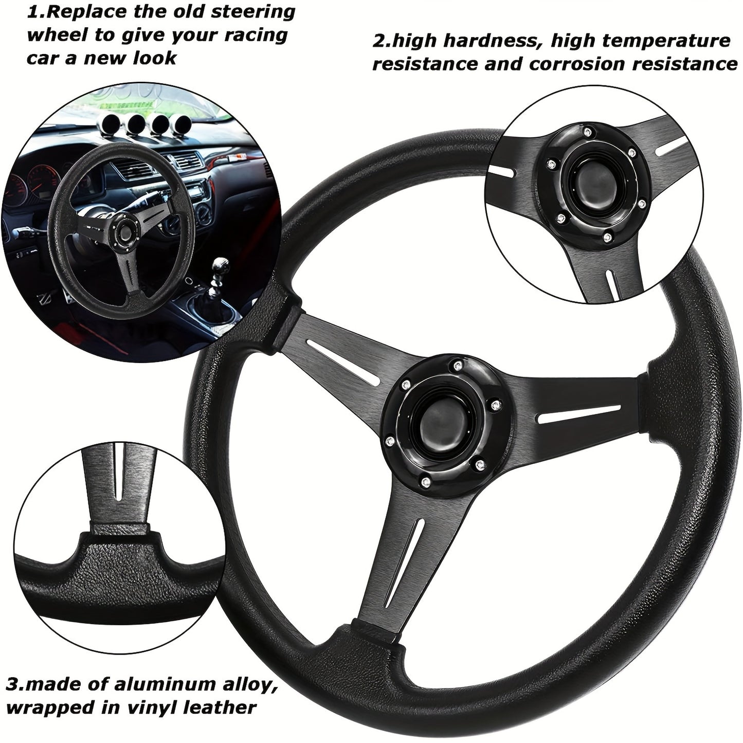 Purple 14-inch steering wheel with aluminum frame for cars, golf carts, and sightseeing vehicles. Stylish, durable, comfortable grip.