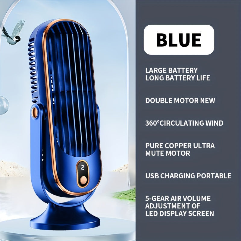 Compact and space-saving design USB rechargeable table fan features a 1200mAh lithium battery. This 5-speed portable desk fan is suitable for home office, bedroom, indoor and outdoor use. It comes with button control and power cord for convenience.