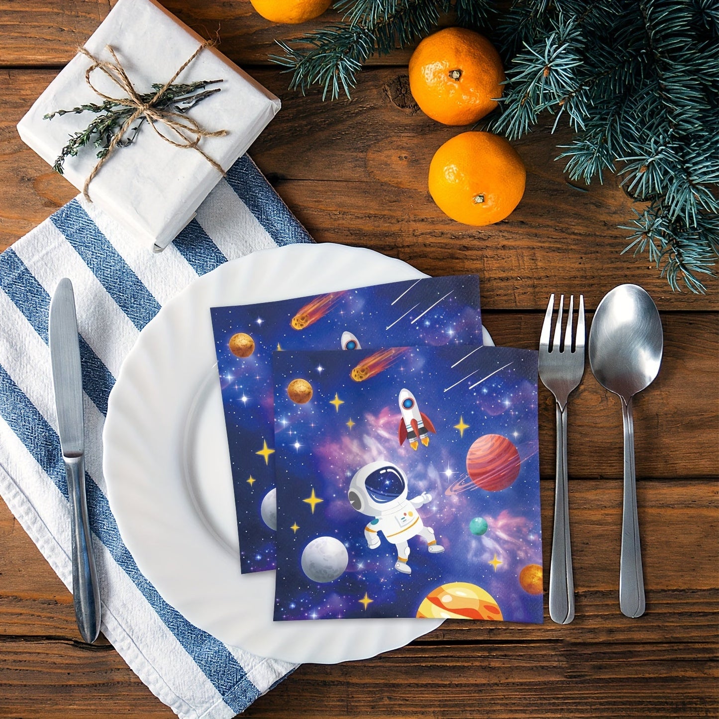 20pcs of Disposable Outer Space Party Napkins, perfect for an Astronaut themed party! These Rocket Ship party dinner paper napkins are ideal for any special occasion, including weddings, theme parties, and birthdays. Add a touch of outer space to your