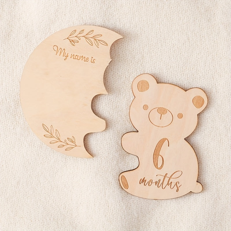 Cartoon Teddy Bear Wooden Milestone Keepsake, Growth Record and Birth Memory Card Set with Monthly Photo Props. Crafted from High-Quality Wood Materials for Baby's First Year. Perfect for Gifting during the Holiday Season.