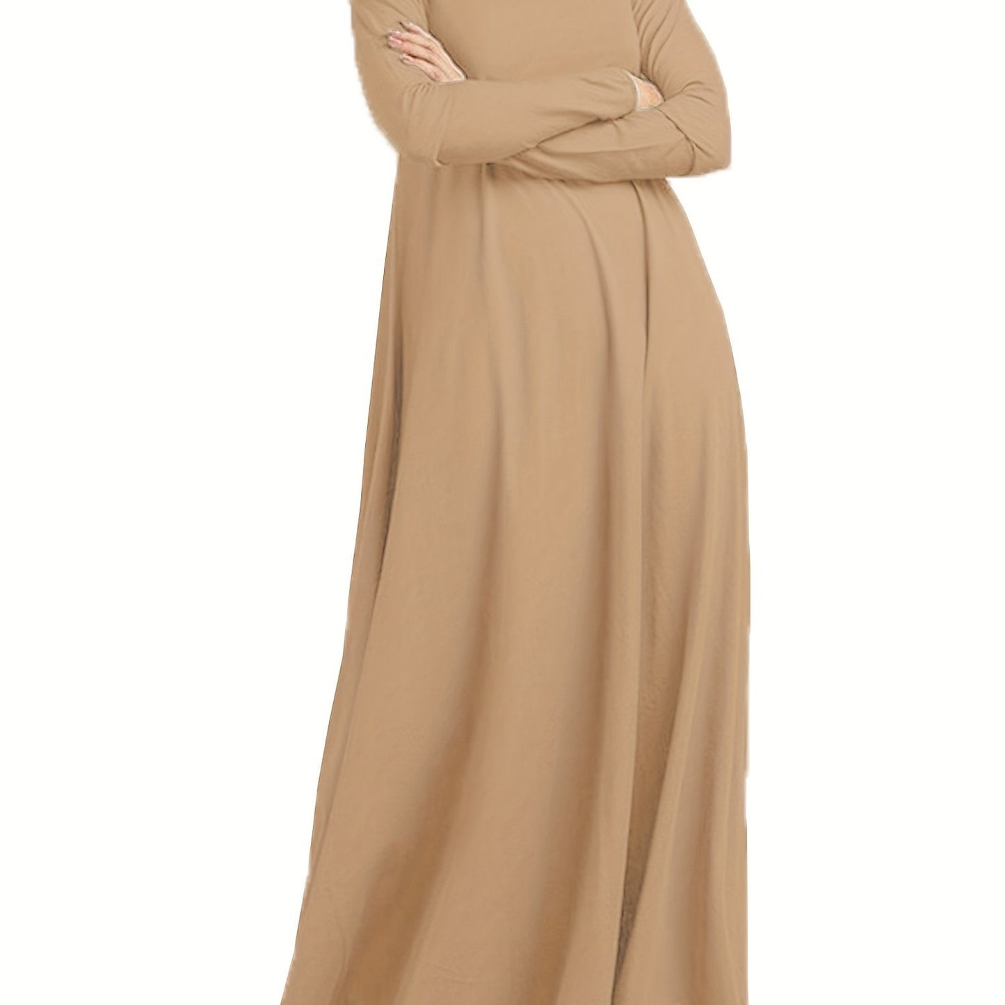 Ramadan Long Sleeve Kaftan Dress with Solid Color, Turtle Neck Maxi Length Casual Women's Clothing.