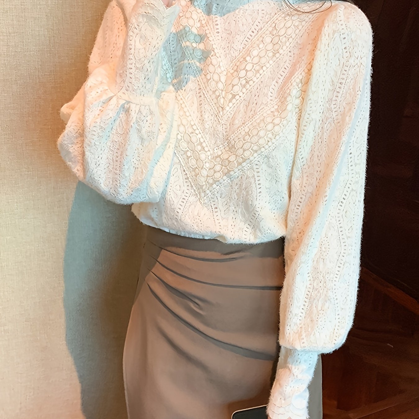 French Court-inspired lace blouse with mock turtleneck, made of nylon and spandex. Machine washable, ideal for spring/fall.