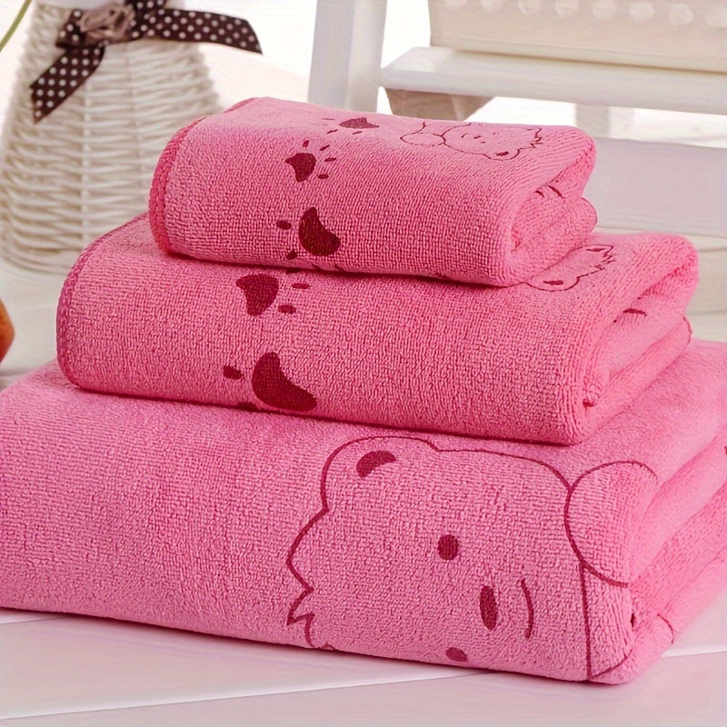 3-piece Cartoon Patterned Towel Set: Soft, absorbent, ultra-thin, and breathable. Featuring a contemporary style, 100 GSM knit fabric made of a polyester and nylon blend. Oblong shape