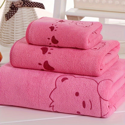 3-piece Cartoon Patterned Towel Set: Soft, absorbent, ultra-thin, and breathable. Featuring a contemporary style, 100 GSM knit fabric made of a polyester and nylon blend. Oblong shape