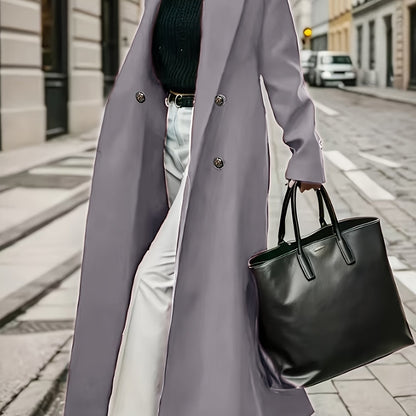 Pink double-breasted trench coat for women, featuring a notched collar, long sleeves, side pockets, and made of polyester fiber. Perfect for fall and winter. Casual elegance.