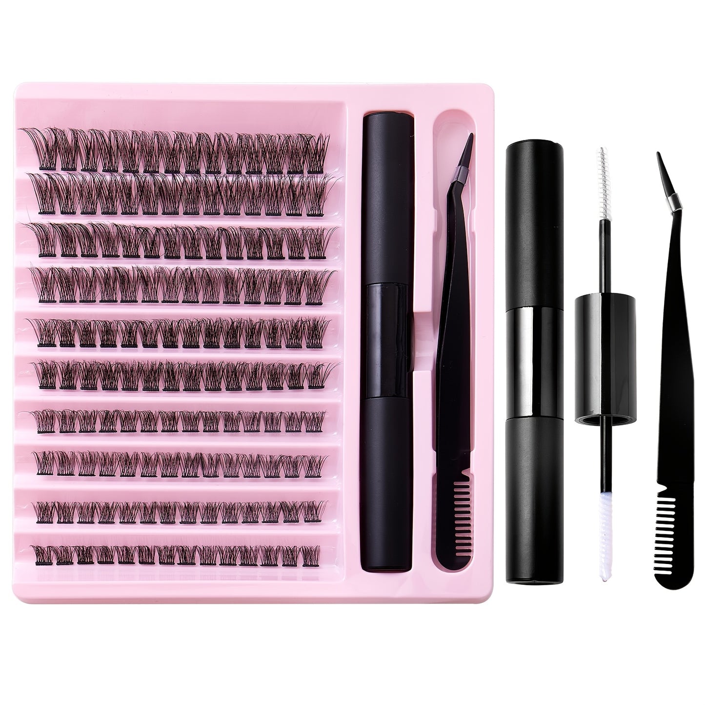 Pink Series DIY False Eyelashes Set includes 240pcs of C-shaped Curly False Eyelashes and 140pcs of Glue Tweezers. Features 8-16mm length, low sensitivity, easy application, and