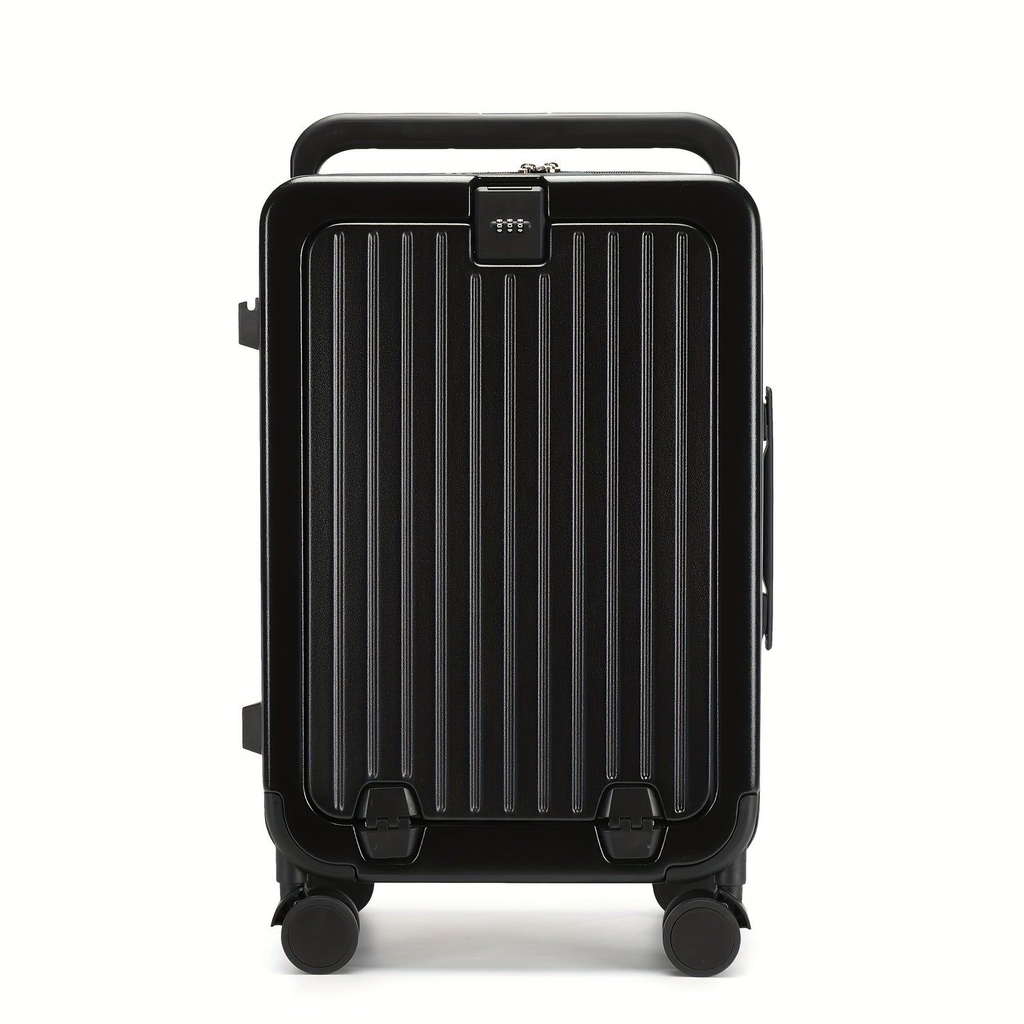 1pc Suitcase with front opening storage compartment, dry and wet separation compartment, unique wheel design, and travel password boarding feature.