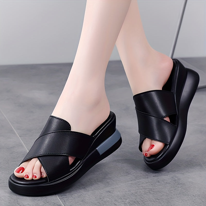 LUOXIWEI Women's Black Wedge Sandals - Slip-On platform with thick sole for comfort and height increase. Perfect for summer, featuring open toe and rubber sole.