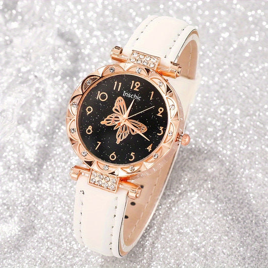 5pcs Women's Quartz Watch Set with Round Dial, PU Leather Strap, Matching Butterfly Pendant Necklace, Bracelet, Earrings. Simple, stylish, and perfect as a gift.