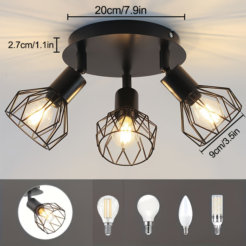 One black round LED ceiling spotlight with 3 bulbs that swivel 350°, suitable for living rooms, bedrooms, and hallways. Max. bulb capacity is 40W (bulb not included).