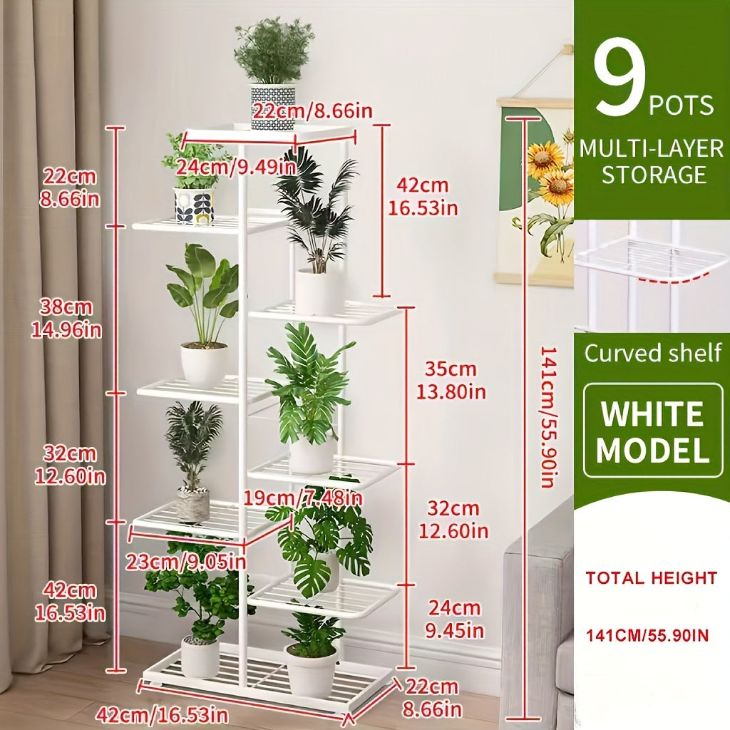 Special offer: Black Five metal plant stand with 8 layers, holding up to 9 potted plants. Ideal for indoor or outdoor use, displaying succulents and green plants. Features rust-proof