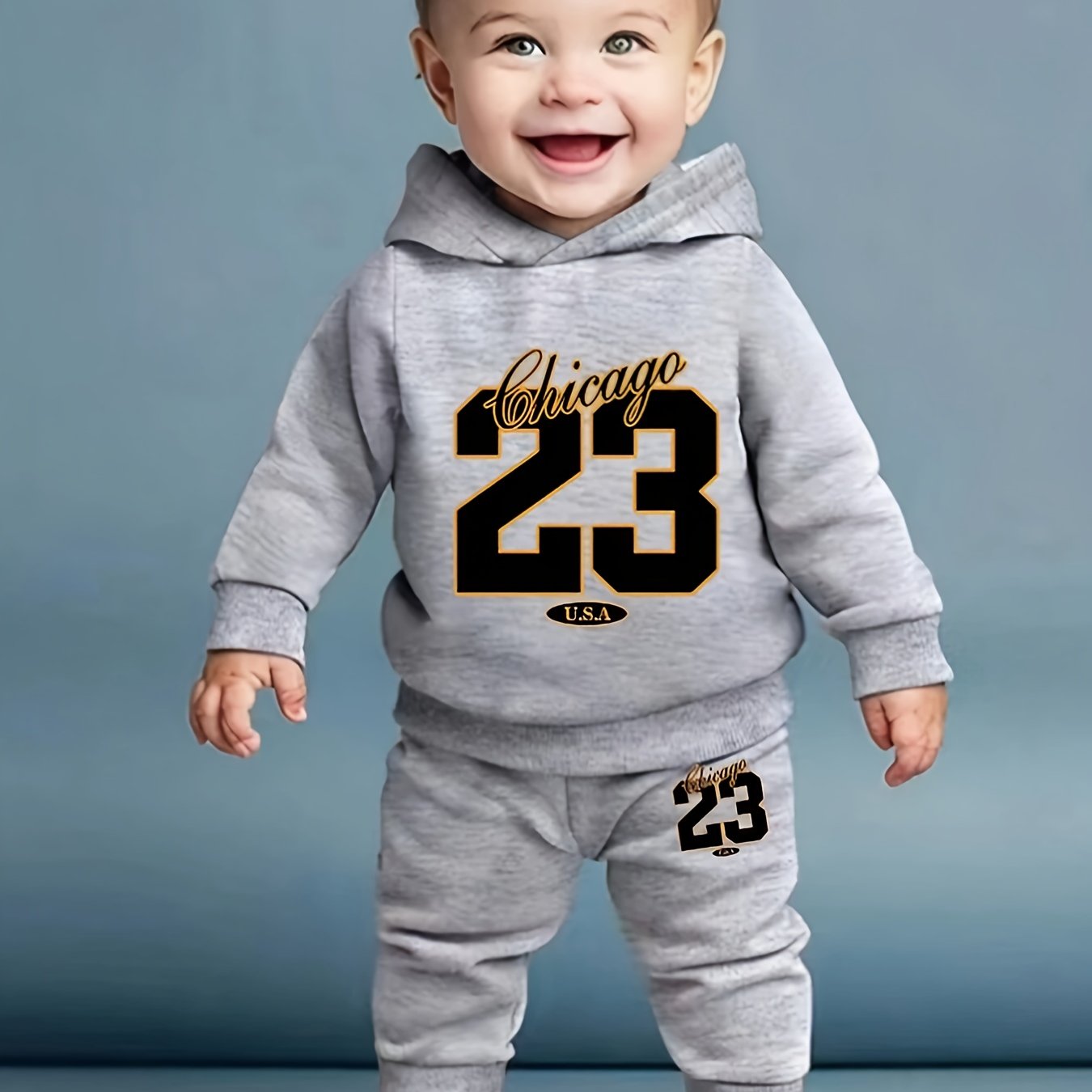 Baby boy's Chicago 23 print hooded sweatshirt + pants outdoor set for comfy and trendy outdoor play and daily life.