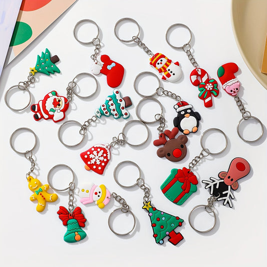 Christmas Keychain Set with 46 Pieces, featuring Santa, Snowman, Christmas Tree, and other Cartoon Characters. Made of PVC, Round Shape with Ring Buckle. Festive Decor for Car Keys and Gifts.