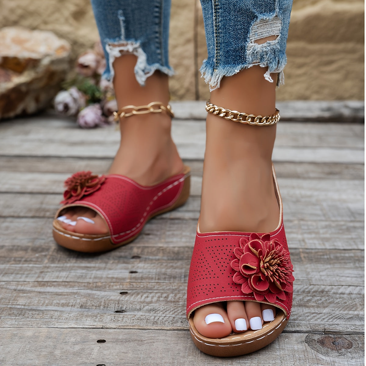 Women's Floral Embellished Open Toe Slides - Comfortable Slip-On Sandals with Thick Platform Sole