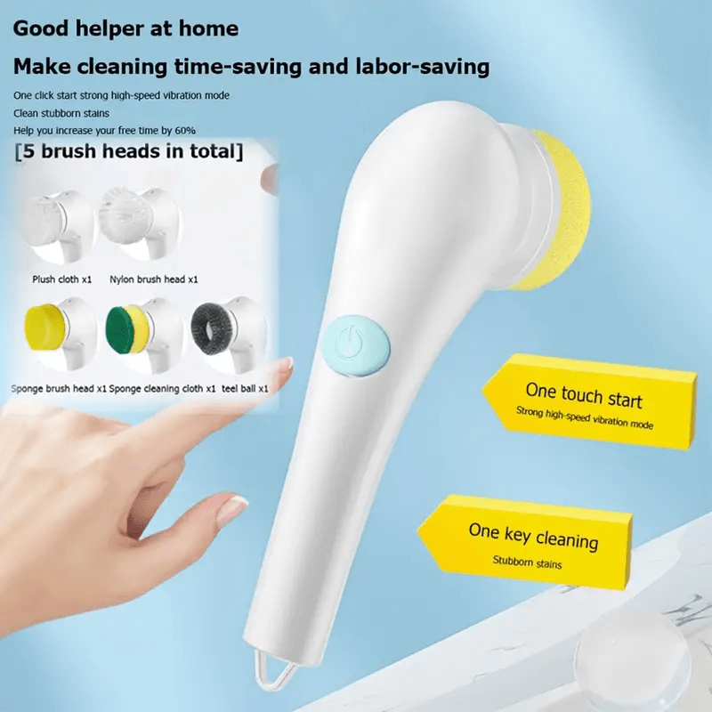 Portable Cordless Electric Scrubber with 5 Interchangeable Brush Heads, Handheld Rechargeable Brush for Bathtub, Tiles, Shower, Kitchen, Car, Glass Cleaning. Features USB Charging and 800mAh Lithium Battery.