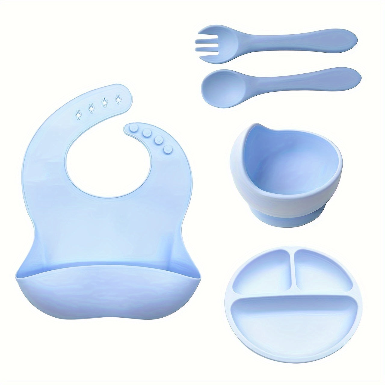 Set of 5 silicone cutlery, including a bowl, divided plate, spoon, fork, and waterproof bib. Non-toxic and high temperature resistant tableware set, perfect as an Easter gift.